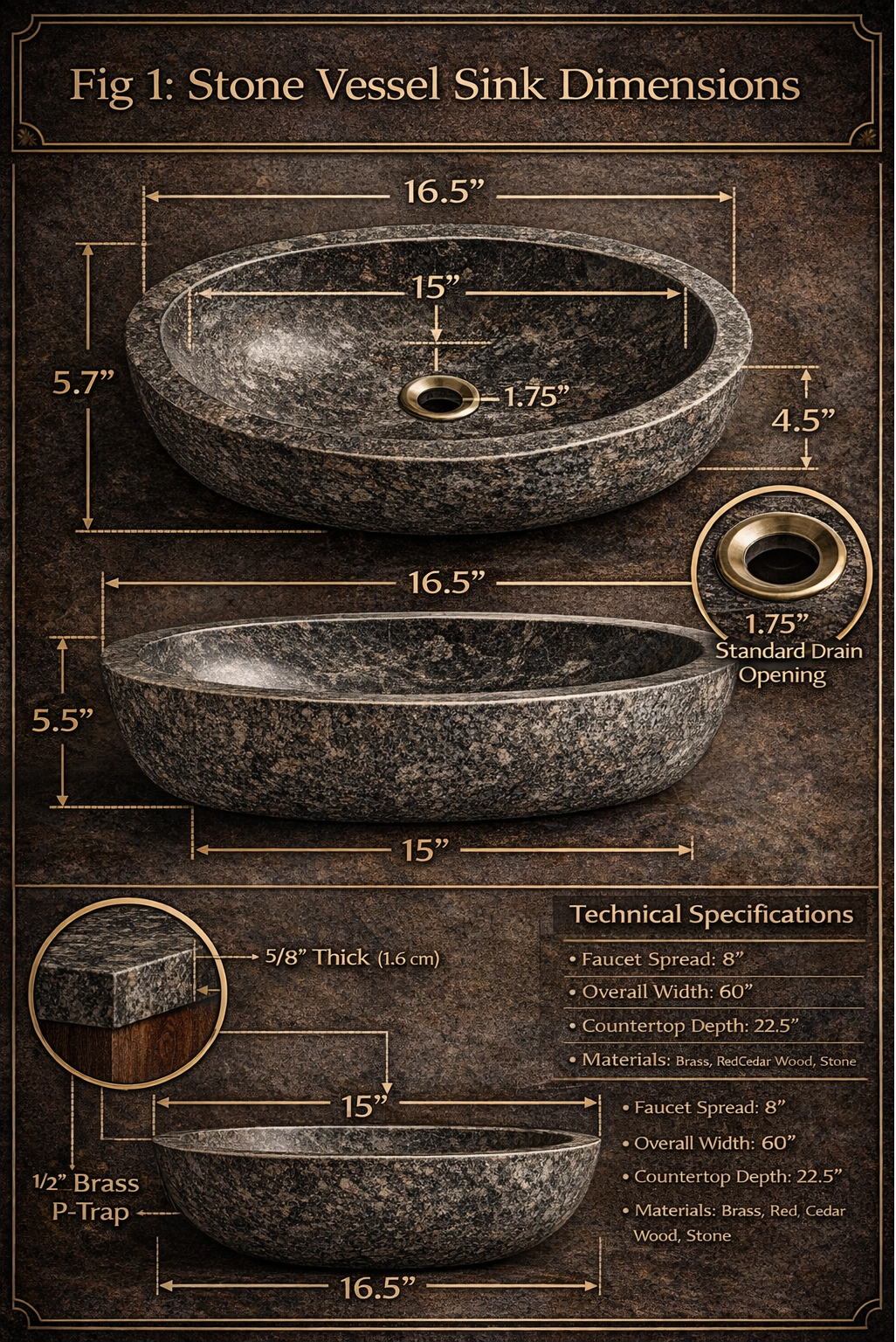 Stone vessel sink dimensions diagram